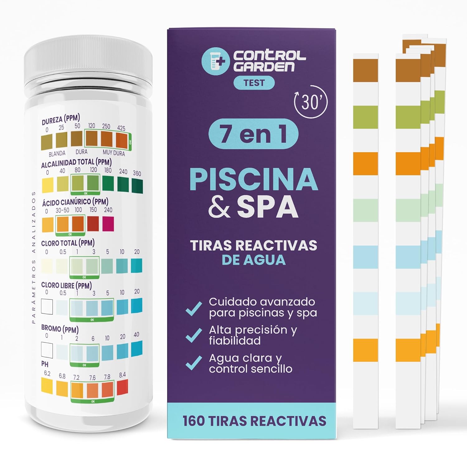 Paski testowe pH 7 w 1 do basenów i spa · Opakowanie 30 szt. · Analiza pH, chloru i więcej