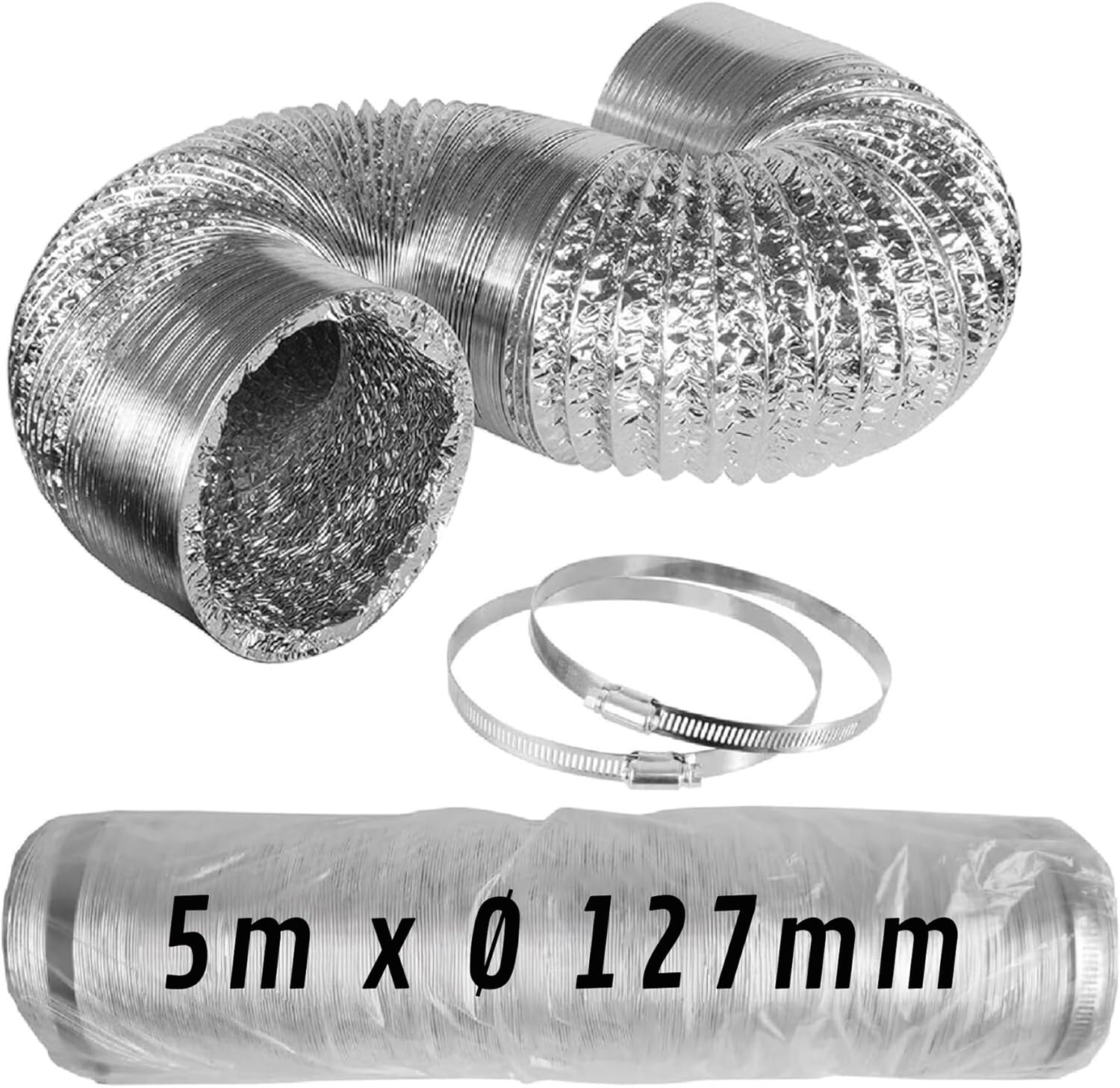 Elastyczny Kanał Aluminiowy Ø 127 mm x 5 m z Zaciskami · Pack 1 szt.