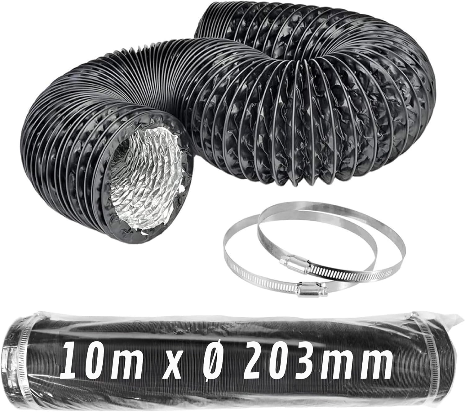 Elastyczny Kanał Aluminiowy Czarny Ø 203 mm x 10 m z Zaciskami · Pack 1 szt.