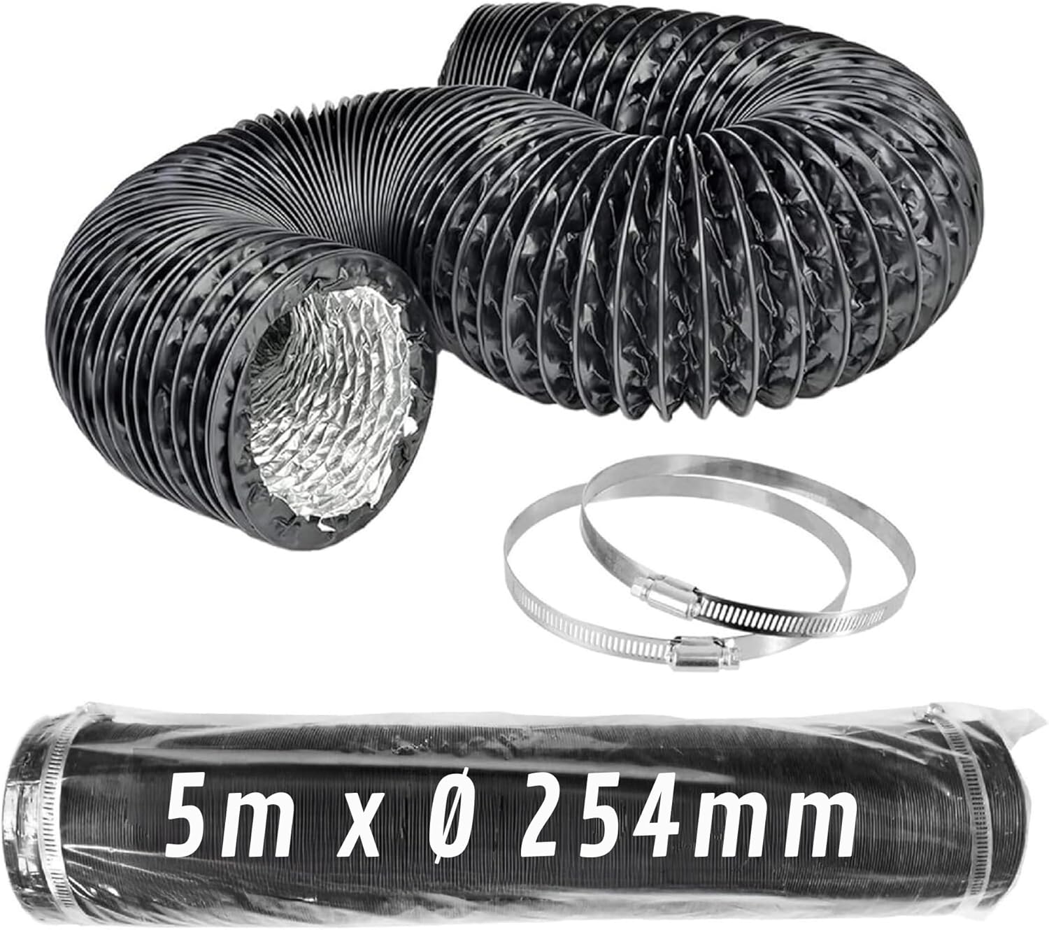 Elastyczny kanał aluminiowy czarny Ø 254 mm x 5 m z zaciskami · Pack 1 szt.