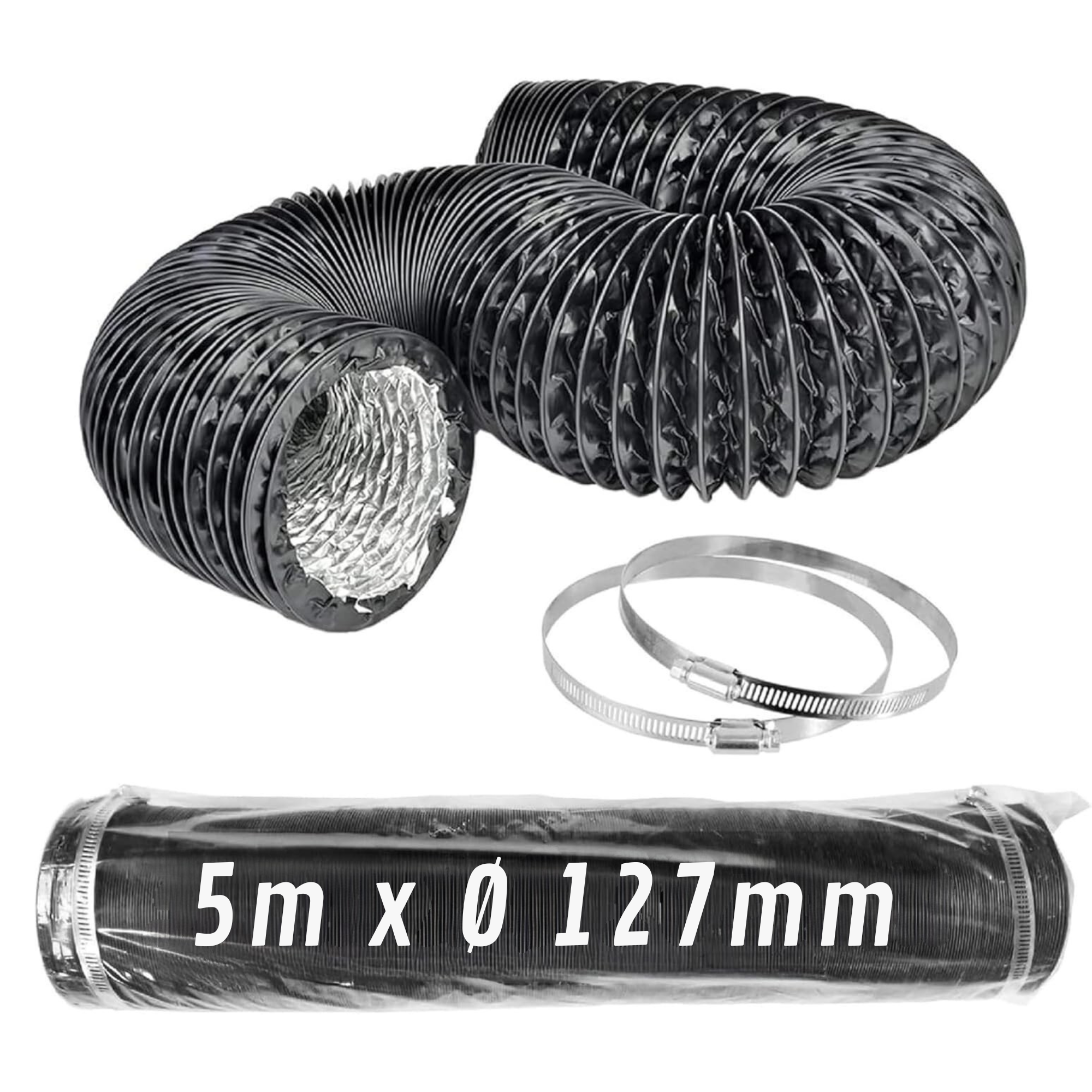 Elastyczny kanał aluminiowy czarny Ø 127 mm x 5 m z zaciskami · Pakiet 1 szt.