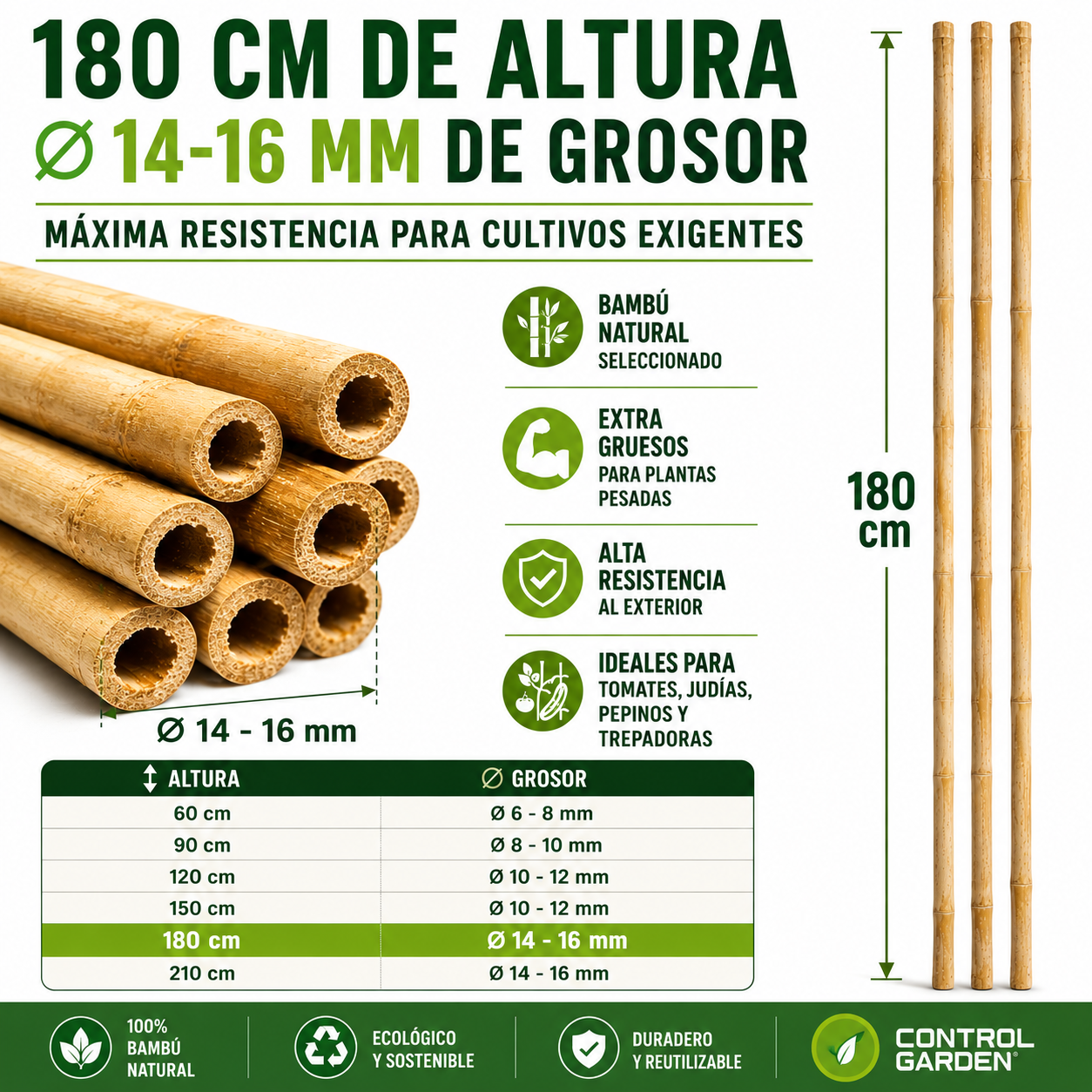 Pack de 30 tutores de bambú natural de 180 cm para soporte de plantas · foto 3